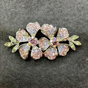 Vintage Floral Crystal Brooch Stamped Noblesse- Pink, Purple, Green